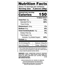 Nutrition Facts label for dark chocolate ganache chocolates, serving size 3 pieces