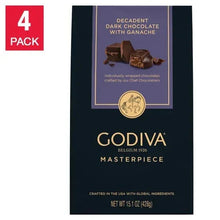 Dark chocolate ganache chocolates pouch front with 4-pack badge and Godiva logo