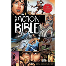 Illustrated hardcover book cover, "THE ACTION BIBLE" text with biblical artwork