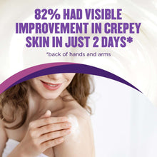 Person applying lotion with hands near face, crepe corrector cream on fingertips