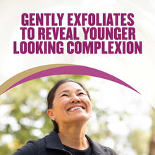 Woman with chin lifted, exfoliation graphic for younger-looking skin