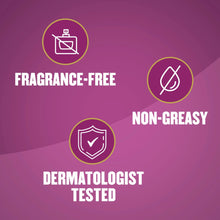 Fragrance-free and dermatologist-tested icons on purple non-greasy graphic
