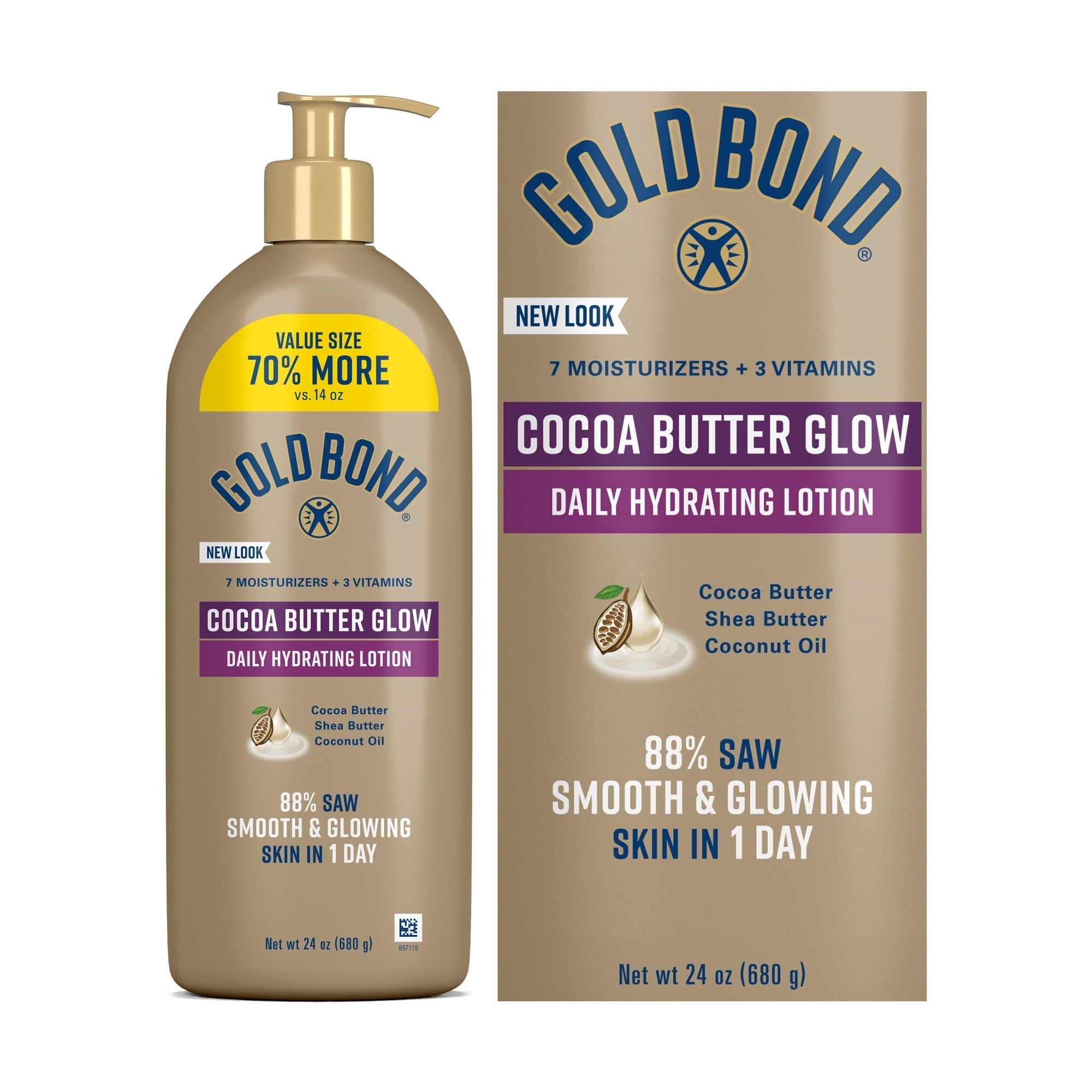 Gold Bond Cocoa Butter Glow Daily Hydrating Lotion with Cocoa Shea Butter &amp; Coconut Oil, Exfoliating and Moisturizing Lotion for Dry Skin, 24 oz