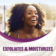 Hydrating lotion concept, smiling woman in sleeveless dress touching face, curly hair
