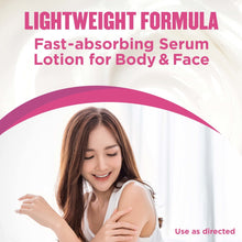 Woman applying lightweight serum lotion for body and face