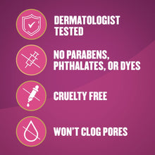Skincare quality icons: dermatologist tested, no parabens, cruelty free, won't clog pores