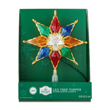 LED star tree topper in retail box with multicolor petals, gold tips, and white base
