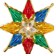 Close-up multicolor LED star topper with gold accents and glowing white center