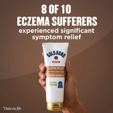 Medicated eczema relief skin protectant cream tube held in hand with 5-symptom badge