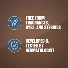 Eczema relief claims graphic with fragrance-free, dye-free, and steroid-free badges