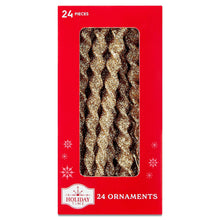 Boxed set of gold glitter icicle Christmas ornaments, 24 pieces