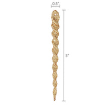 Gold glitter icicle ornament size 5 in long, 0.5 in wide, hanging loop