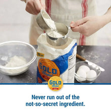 All-purpose flour pouring from bag into bowl with hands holding package