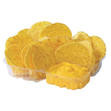 Nacho chips topped with yellow jalapeno cheese sauce in cup