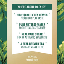 Sweet tea information card listing tea leaves, filtered water, cane sugar, real brewed tea