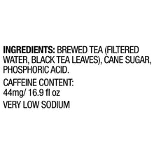 Sweet tea ingredient label with brewed tea, cane sugar, phosphoric acid; 44mg caffeine