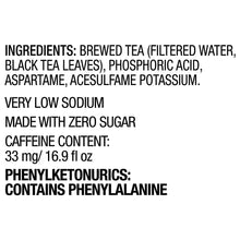 Sweet tea ingredients and caffeine info panel, very low sodium, contains phenylalanine.