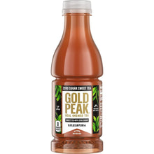 Gold Peak zero sugar sweet tea bottle, brown tea with clear cap