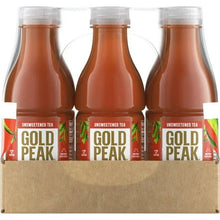 Unsweetened tea bottles in cardboard carrier, Gold Peak labels and caps