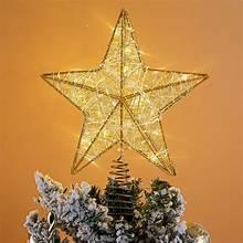 Gold LED Christmas tree topper star with lighted wire spiral on tree