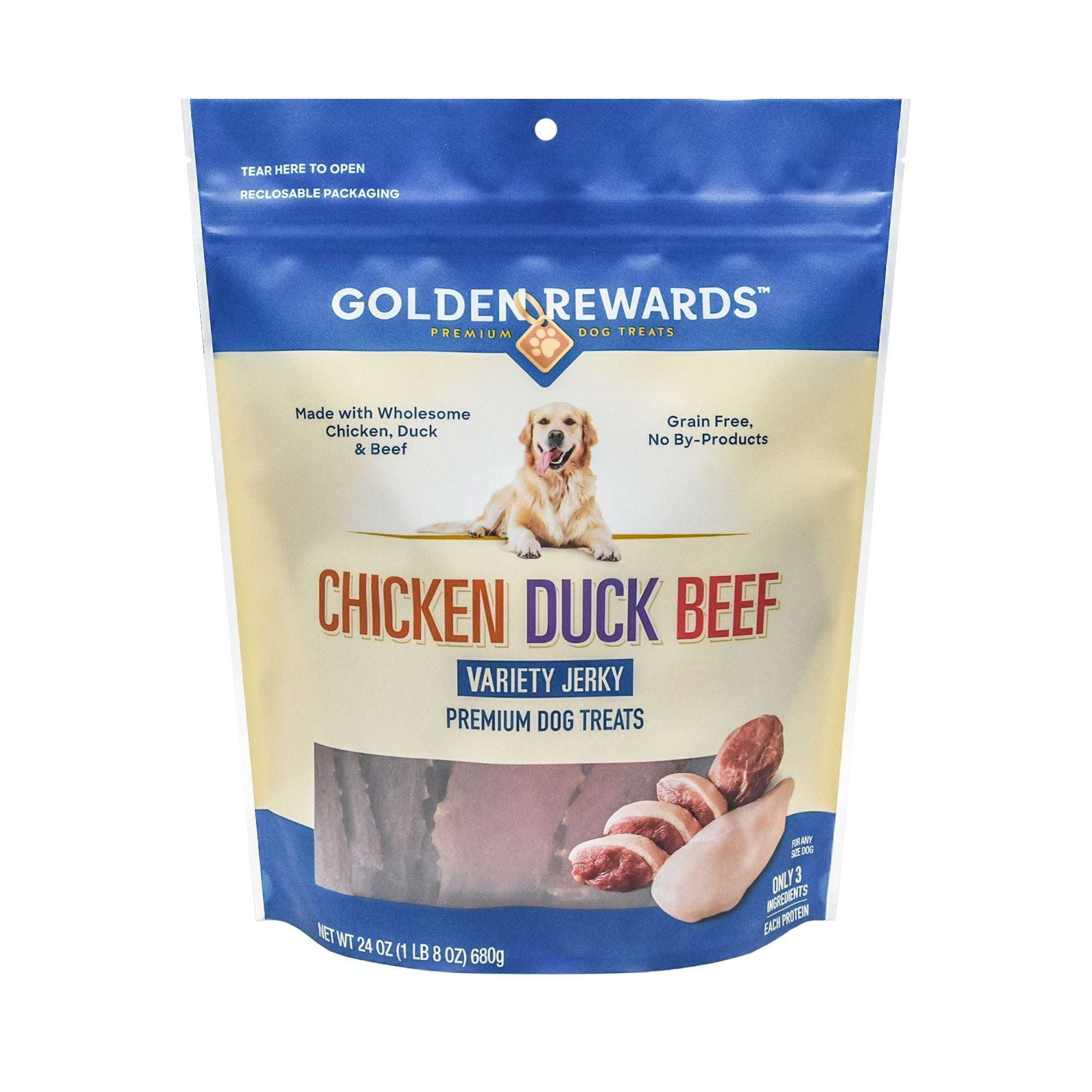 Golden Rewards Chicken, Duck and Beef Premium Variety Dry Jerky Treats for Dogs, Chicken, Duck and Beef Recipe 12 oz Bag
