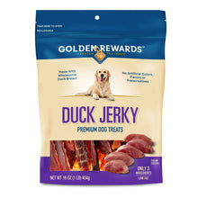 Duck jerky premium dog treats resealable bag, 16 oz; front with purple bottom