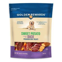 Golden Rewards dog treat bag, sweet potato wrapped with duck, front panel view