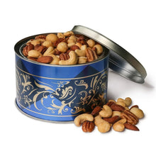 Decorative tin of mixed nuts with cashews and almonds, blue with gold trim, metal handle
