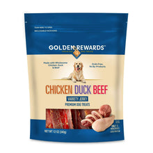 Golden Rewards chicken duck beef dog jerky treats bag, front panel, 12 oz
