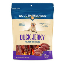Golden Rewards duck jerky premium dog treats pouch, blue top and beige body with purple label