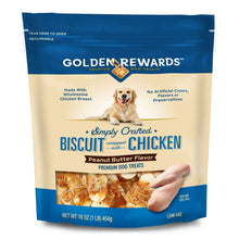Golden Rewards biscuit-wrapped chicken dog treats bag, peanut butter flavor