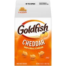 Goldfish cheddar baked snack crackers carton, orange and white front label