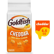 Goldfish cheddar baked snack crackers bag with fish-shaped graphics and 6.6 oz label