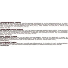 Ingredient list for Xtra Cheddar Goldfish crackers on orange packaging back.
