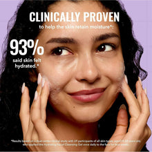 Hydrating facial cleansing gel applied around cheeks on a smiling face