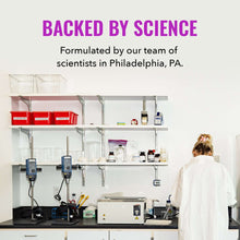 Skincare lab bench with product bottles and containers on shelves.