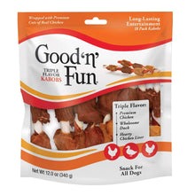 Good 'n' Fun triple-flavor kabobs dog chew bag with visible wrapped kabob pieces