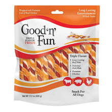 Dog rawhide chew bag showing red-and-cream triple flavor twist chews