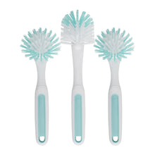 Teal-and-white kitchen dish brush set with three scrub heads and long handles