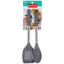 Stainless steel turner and spoon set with dark gray nylon heads, 2-piece