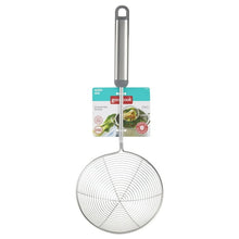 Spider wok strainer with long metal handle and fine circular straining basket