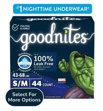Goodnites nighttime bedwetting underwear box, dark blue packaging, S/M, 44 count