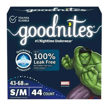 Goodnites nighttime underwear box front, dark blue package, S/M, 44 count