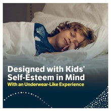 Goodnites nighttime underwear in a child's sleep setting, shown on a bed