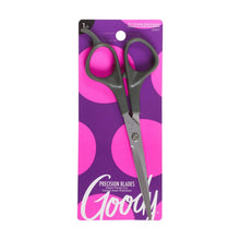 Hair trimming scissors in retail package, silver blades with black handle loops