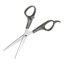 Hair trimming scissors with silver blades and dark gray handles, angled view