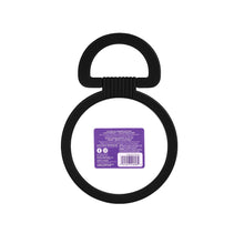 Black two-sided mirror back view with circular frame and folding stand