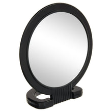 Black oval mirror with circular outer frame and folding base stand