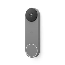 Google Nest video doorbell in ash gray with round camera and door button