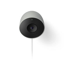 Outdoor security camera with white housing and black circular lens, wired power cable